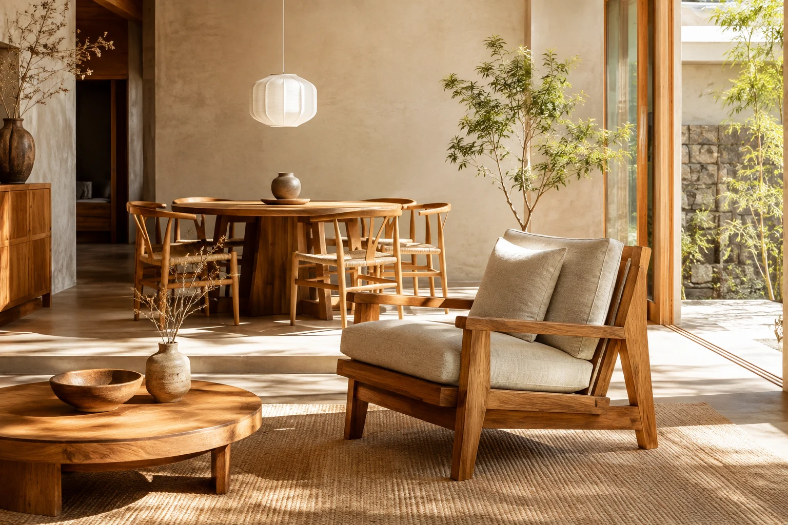 Sunlit architectural interior with a teak lounge chair, linen upholstery and sculptural dining table